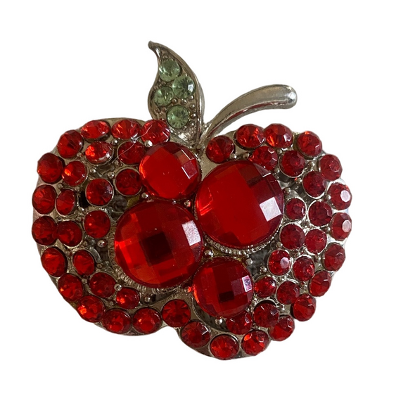 Vintage Red Crystal Apple Brooch with Green & Silver Stem - Picture 1 of 4